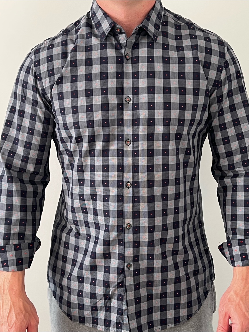 Boss Men's Navy & Gray Checked Button-Down Slim Fit Shirt Subtle Red Dot